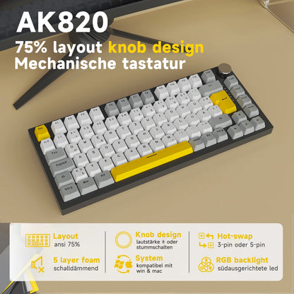 AJAZZ AK820 75% Wired Mechanical Keyboard: Hot‑Swappable, RGB/White/Ice‑Blue Backlit, Volume Knob Control | For Office & Gaming