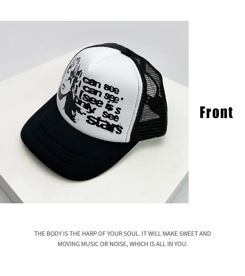 Trucker-Caps im amerikanischen Stil mit Cruise-Print, Anime-Motiven und neuem Schriftzug – atmungsaktive Baseballmützen mit Netzfutter für Herren und Damen, vielseitig kombinierbar