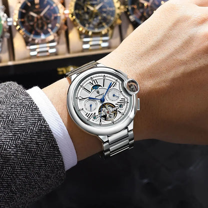 Pánské hodinky POEDAGAR, luxusní a profesionální styl, s ukazatelem data a dne v týdnu, tourbillonem, pouzdrem z nerezové oceli, automatickým mechanickým strojkem a vodotěsností.