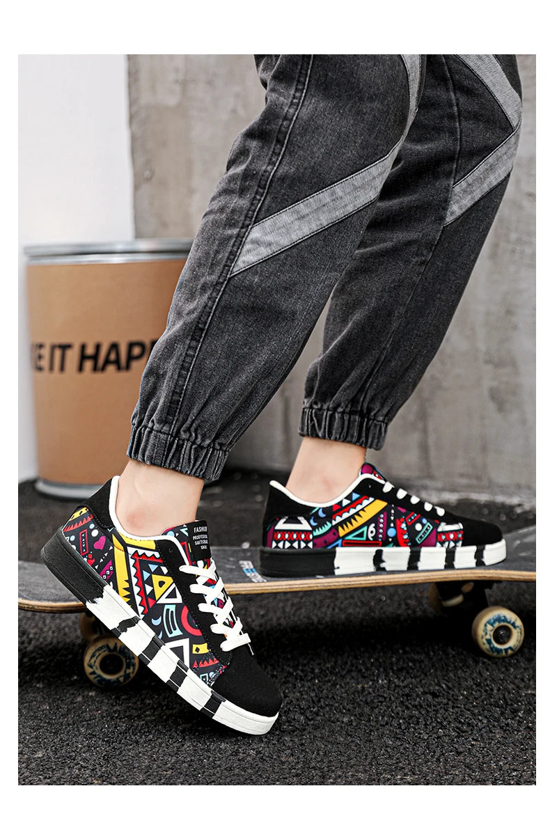YRZL Sapatilhas de corrida desportivas para homem em lona, estilo geométrico, com atacadores, sapatilhas de casal com estampado graffiti moderno, sapatos de skate para homem