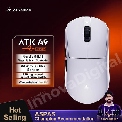 ATK Dragonfly A9 Ultimate vezeték nélküli gaming egér A9 Air PAW3950, ultrakönnyű ergonomikus e-sport gamer FPS egér CSGO-hoz A9 Ultra
