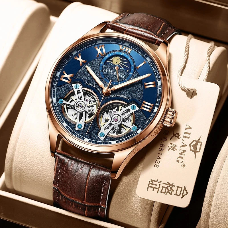 AILANG Double Tourbillon Design Business Men Mechanical Watch Fashion Leather Moon Phase Automatic Watches for Men Reloj Hombre