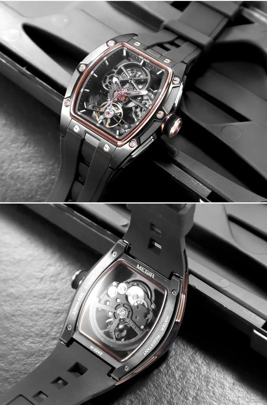 MEGIR Automatic Wristwatch Men Fashion Black Silicone Strap Wateproof Luminous Sport Mechanical Watch with Tonneau Dial 2242