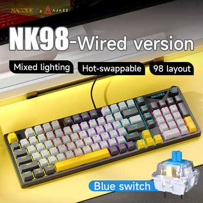 AJAZZ NK98 Wired Mechanical Keyboard: Full-Key Hot-Swap, 98-Key Layout for Precise Performance; Wired, Stable Control, Multi-System Compatibility; Windows Vista/XP/7/8/10/17, Mac: Wired connection for stable control and low latency
