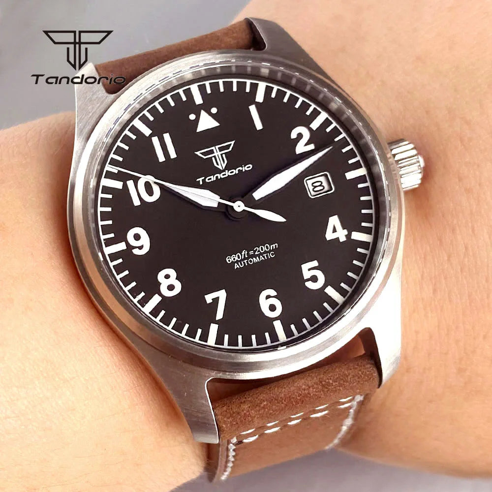 Tandorio 39mm Pilot Men's Diving Automatic Watch AR Sapphire Miyota8215/PT5000 Movt Mechanical Steel Wristwatch 20BAR Green Lume