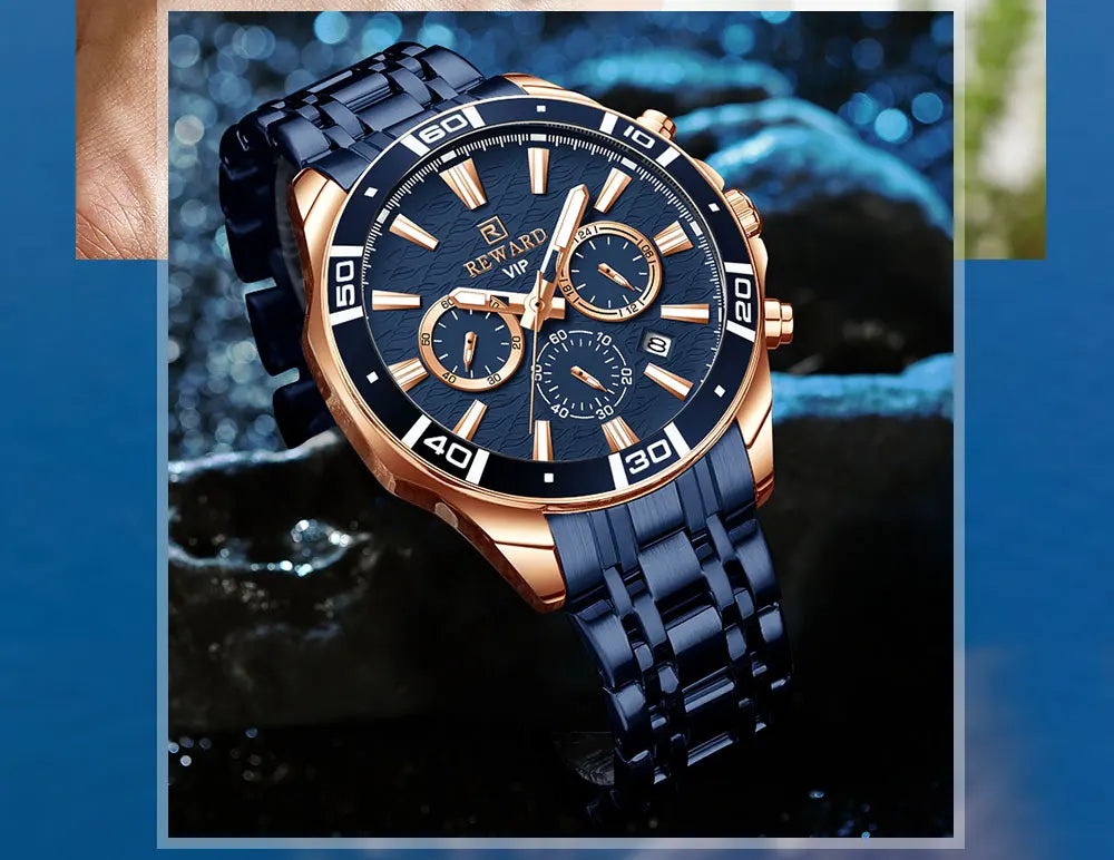 REWARD Mens Watches Waterproof  Luminous Quartz Wristwatch Business Stainless Steel Strap with gift box