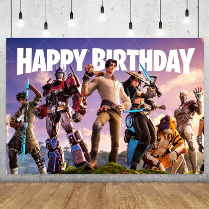 Fundo decorativo de aniversário com tema Fortnite — banner gamer Fortnite para meninos e meninas, pano de fundo para fotografia e presente para crianças