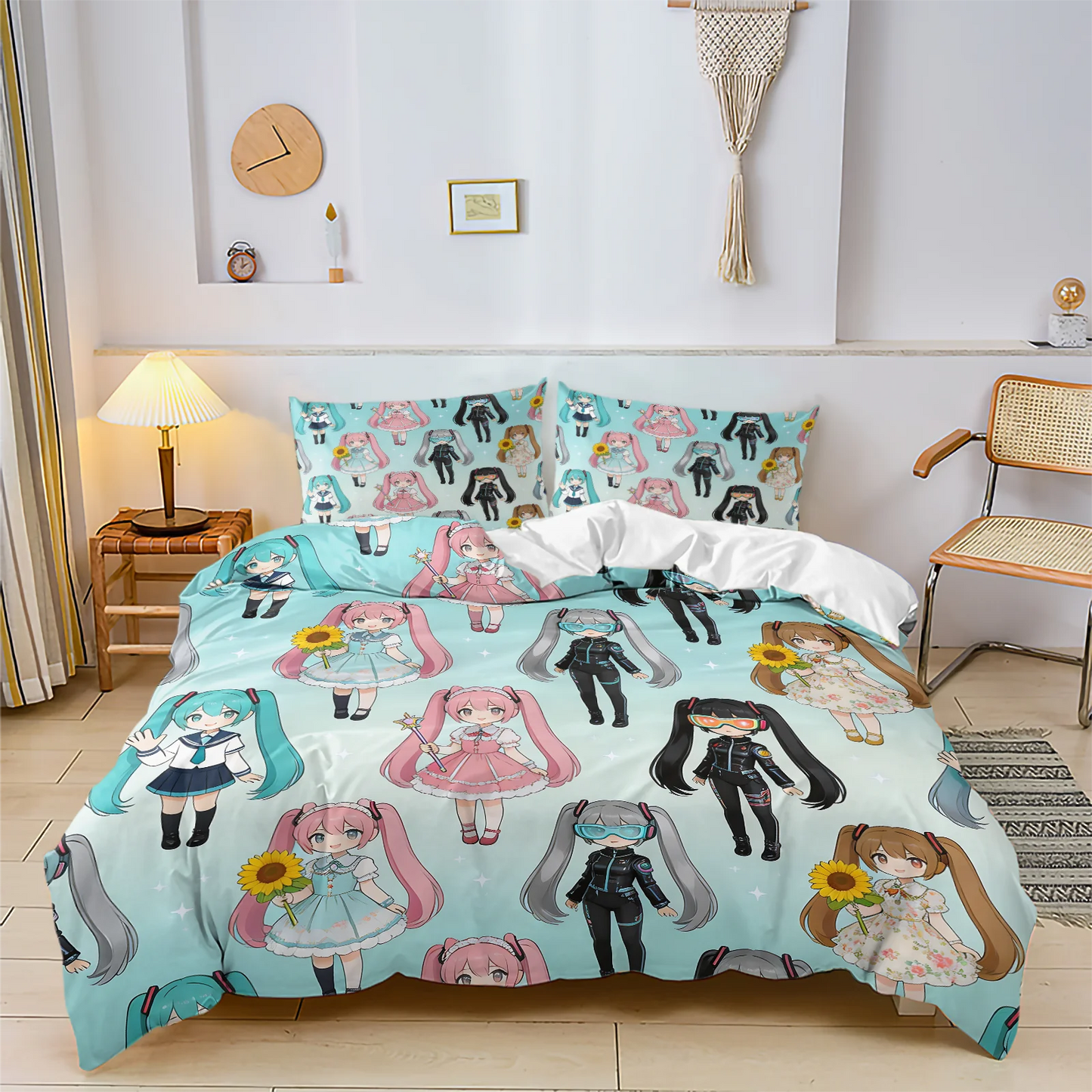 Hatsune Miku Chibi Style Duvet Cover Set Cute Anime Bedding with Pillowcases Gaming Room Teens Kids Bedroom Decor Gift for fans