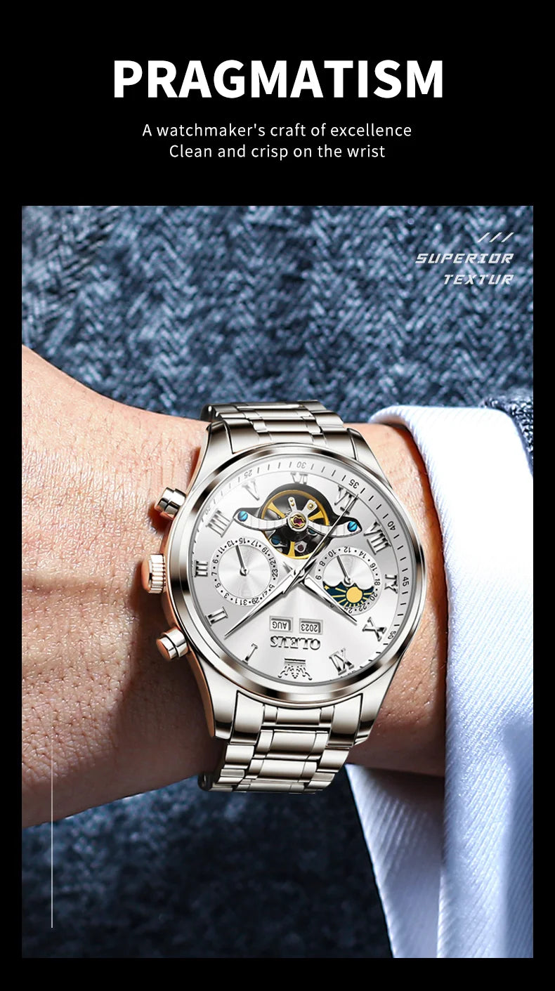 OLEVS 7005 Classic Business Mechanical Wristwatch for Man Skeleton Flywheel 24 Hour Moon Phase  Calendar Luxury Men's Watch