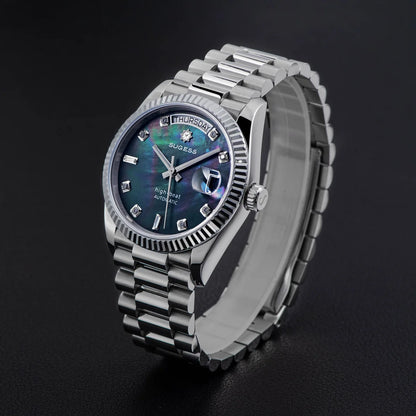 Sugess 36mm Mens of Watch Automatic Dandong Peacock SL3034 Day Movement Sapphire Glass 100m Waterproof Wristwatches MOP Date New
