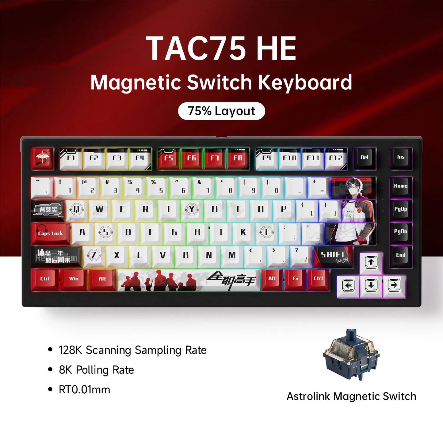 Teclado AKKO TAC75 HE com interruptores magnéticos, formato 75%, teclado gaming Rapid Trigger 0.005mm 8K RGB com fio, teclado personalizado para esports para gamers