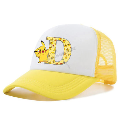 Cappellino con visiera Pokemon Pikachu, cappellini da baseball con lettere A-Z in stile cartone animato, cappellino estivo alla moda in rete traspirante, cappellino coordinato genitore-figlio, cappotto da bambino, regalo per bambini
