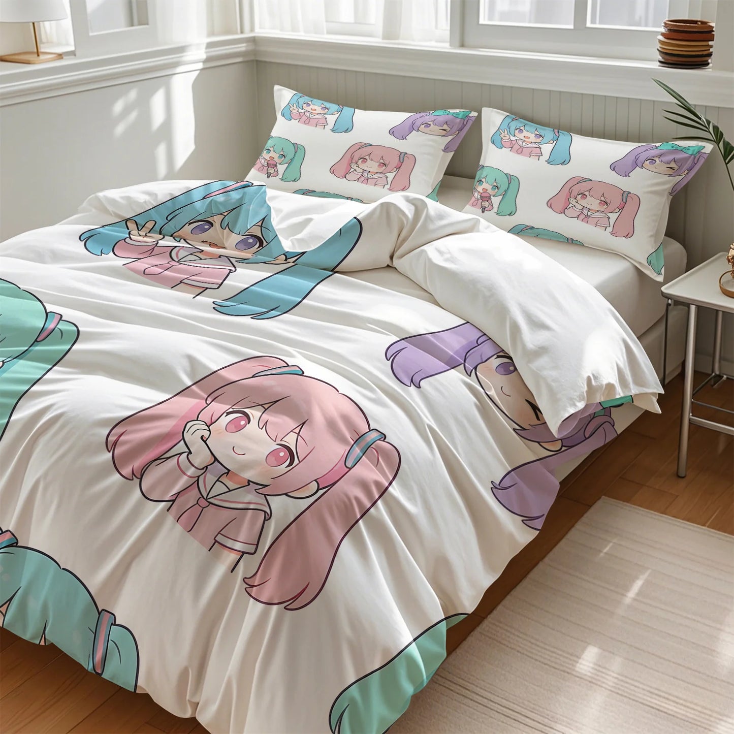 Hatsune Miku Chibi Style Duvet Cover Set Cute Anime Bedding with Pillowcases Gaming Room Teens Kids Bedroom Decor Gift for fans