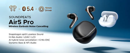 SOUNDPEATS Air5 Pro Wireless Earbuds Bluetooth 5.4 with 55dB Adaptive ANC, Hi-Res LDAC, aptX Lossless Audio & 6 AI ENC Microphones