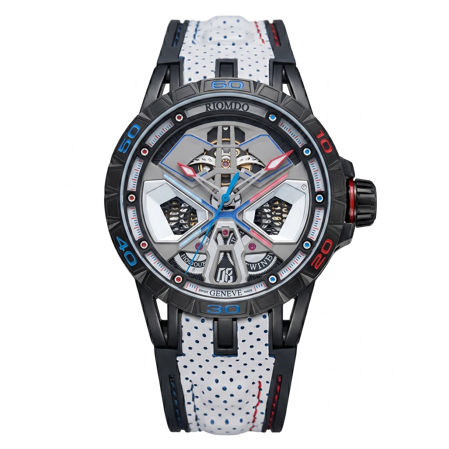 OBLVLO Mens Luxury Machinery Skeleton Mechanical Automatic Watches Analog Big Dial Blue Rubber Band Military Watch RD-909