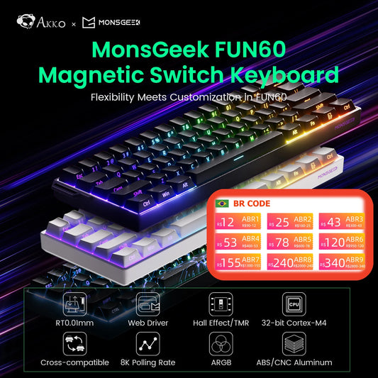 Teclado Mecânico Akko MonsGeek FUN60 com Switch Magnético 60% Gaming, Rapid Trigger 0.01mm, 8K ARGB, Teclado Personalizado HE/TMR