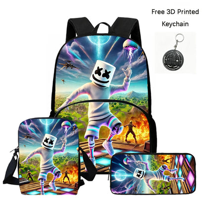 FORTNITE 3-Piece School Backpack Set with Front Pocket Bag, Crossbody Bag, and Pencil Case for Ages 5-10 Boys and Girls, Lightweight, Includes Free 3D Printed Keychain