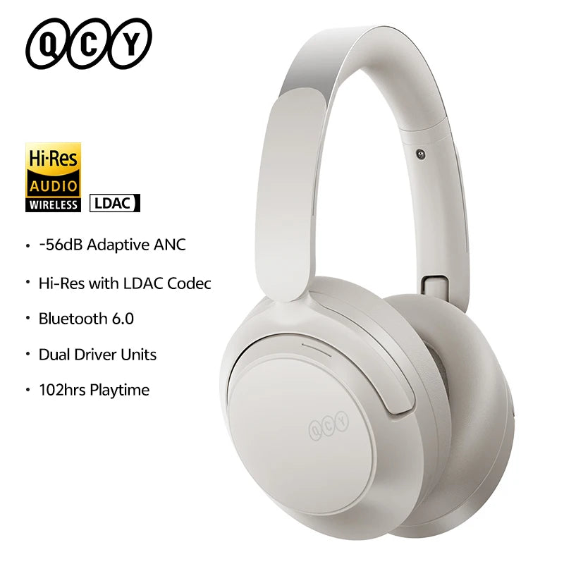 Auscultadores Over-Ear QCY H3S ANC Bluetooth 6.0 – Áudio Espacial Hi-Res LDAC, Cancelamento de Ruído Adaptativo -56dB, Auscultadores Sem Fios