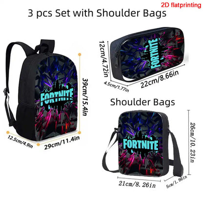 Fortnite Cartoon 3Pcs Backpack Set Unisex for Boys Girls, Backpack with Front Pocket, Crossbody Bag & Pencil Case, Best Gift