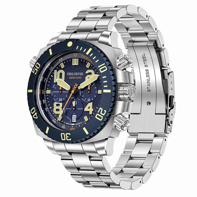 FeelNever Sport Automatic Movement Quartz Watch Stainless Steel Sapphire Crystal Watches for Men 500M Waterproof Clocks Watch for Men