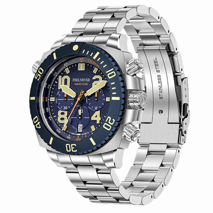 FeelNever Sport Automatic Movement Quartz Watch Stainless Steel Sapphire Crystal Watches for Men 500M Waterproof Clocks Watch for Men