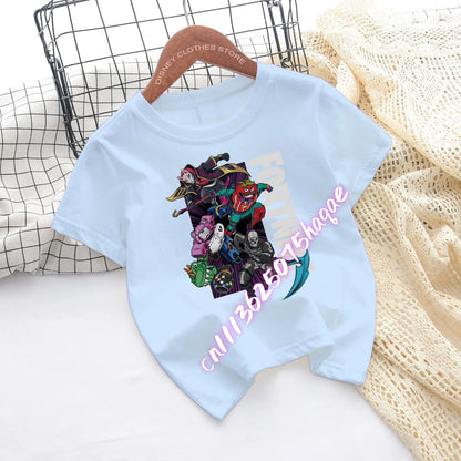 T-shirts de Criança Fortnite com Estampado de Figuras Cartoon do Jogo Fortress Night, Tops de Manga Curta para Verão, Roupa para Rapazes e Raparigas