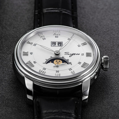 Sugess Moonphase Watch of Men 40mm Automatic Mechanical Wristwatches Seagul ST2528 Movement Stainless Steel Blue Sandstone Dial