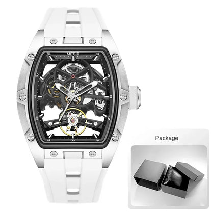 MEGIR Automatic Wristwatch Men Fashion Black Silicone Strap Wateproof Luminous Sport Mechanical Watch with Tonneau Dial 2242