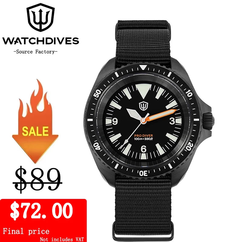 Reloj para hombre Watchdives WD1980 V3 38mm Vintage VH31 Ronda 515 con movimiento de cuarzo, segundero continuo, luminoso y cristal de zafiro