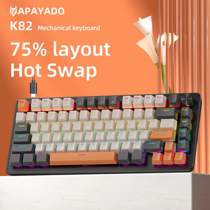 APAYADO 75% Gaming Keyboard Wired with Metal Knob, Hot-Swap K82 Black Mechanical Keyboard, ABS Transparent Character RGB