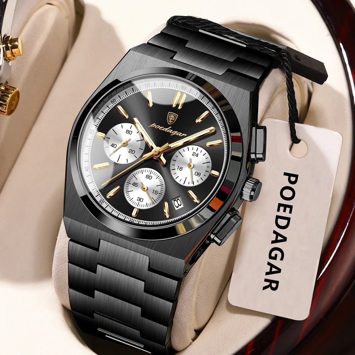 Pánské hodinky POEDAGAR – luxusní chronograf z nerezové oceli, s datem, vodotěsné a s luminiscenčními prvky – sportovní náramkové hodinky s quartzovým strojkem