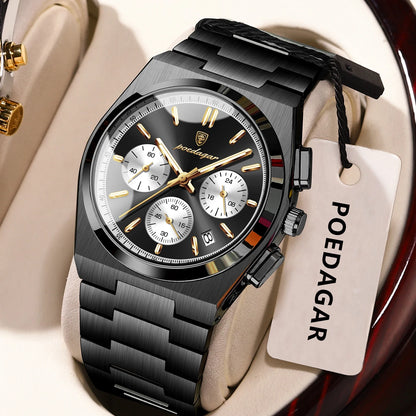 Pánské hodinky POEDAGAR – luxusní chronograf z nerezové oceli, s datem, vodotěsné a s luminiscenčními prvky – sportovní náramkové hodinky s quartzovým strojkem