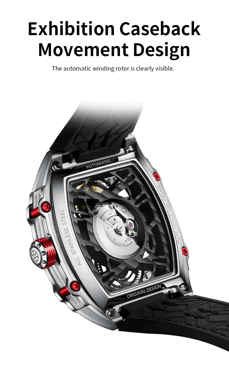 STARKING Luxury Men’s Automatic Mechanical Watch Skeleton Dial Silicone Band Tonneau Design Waterproof Luminous Sport Wristwatch