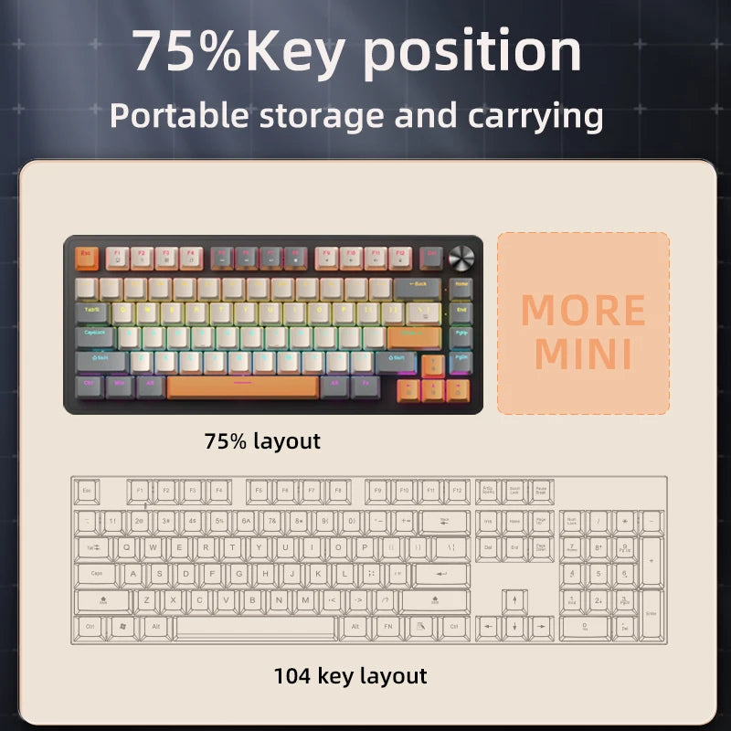 APAYADO 75% Gaming Keyboard Wired with Metal Knob, Hot-Swap K82 Black Mechanical Keyboard, ABS Transparent Character RGB