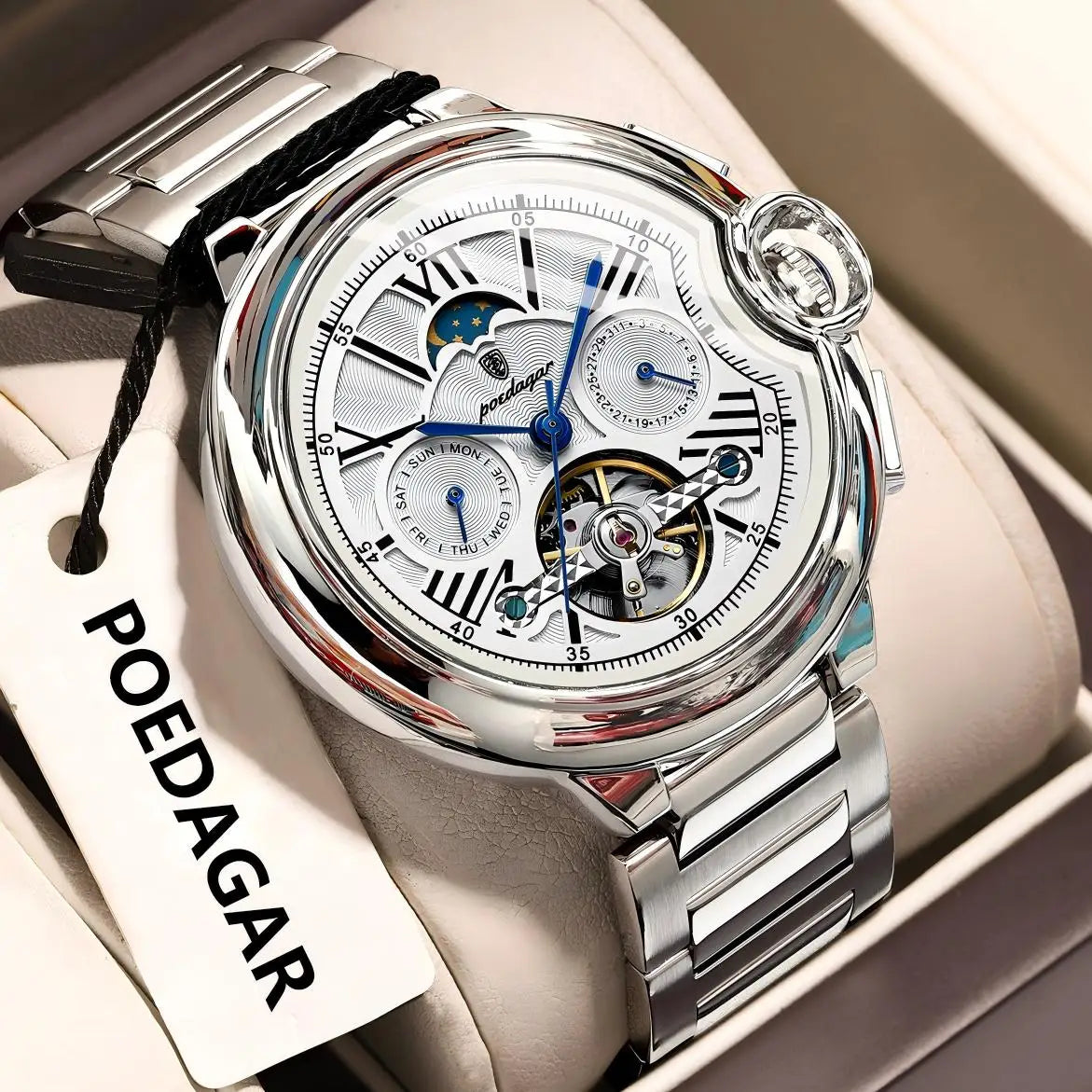 Pánské hodinky POEDAGAR, luxusní a profesionální styl, s ukazatelem data a dne v týdnu, tourbillonem, pouzdrem z nerezové oceli, automatickým mechanickým strojkem a vodotěsností.