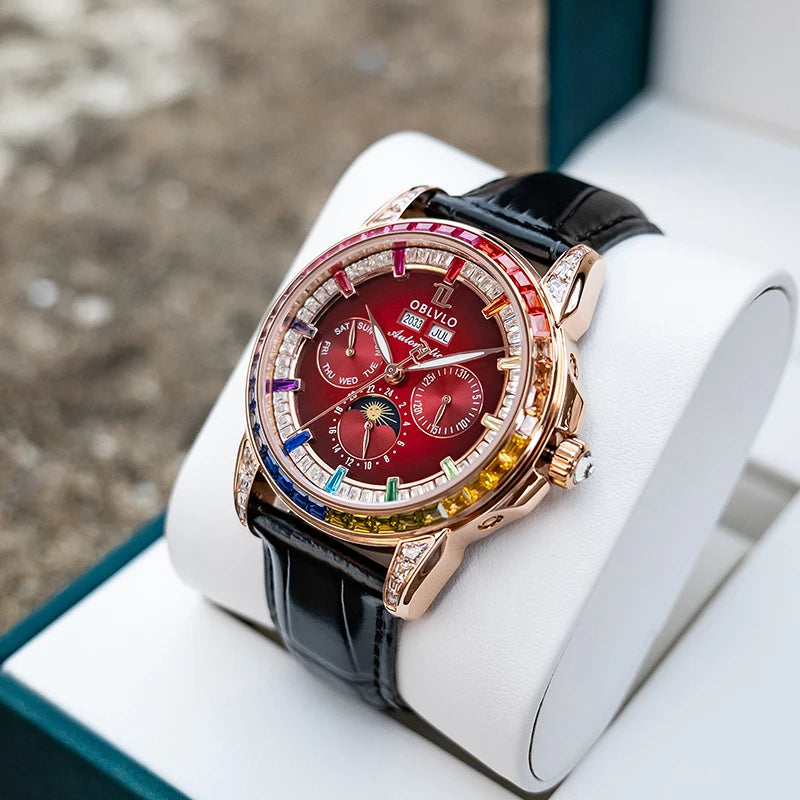 OBLVLO Men Automatic Watch 40mm Mechanical Wristwatch 5ATM Luminous Crystal Bezel Year,Month,Week,Date,24 Hours TY1655 Mov.