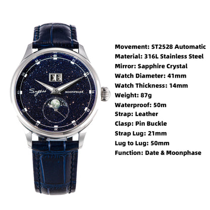 Sugess Moonphase Watch of Men 40mm Automatic Mechanical Wristwatches Seagul ST2528 Movement Stainless Steel Blue Sandstone Dial