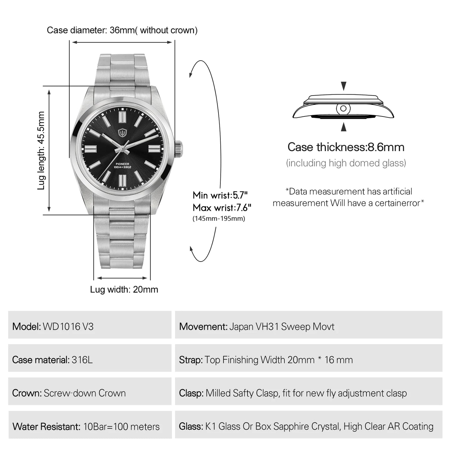 Watchdives WD1016 V3 Quartz Watch 37mm Stainless Steel Case Sapphire Vintage Watch  VH31 Sweep Movemet 100m Waterproof Men Watch