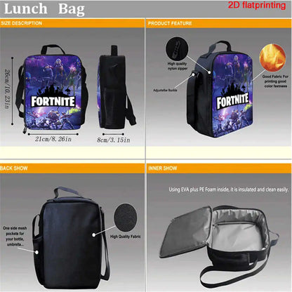 Cute Cartoon Lunch Bag Insulated Thermal Food Container Leakproof Reusable Fortnite Lunch Cooler Bag for Kids Students