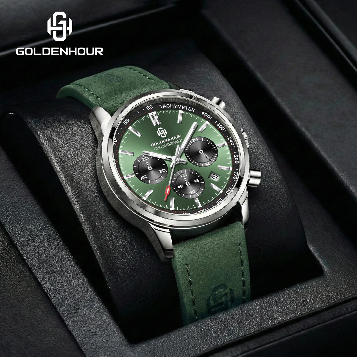 Montre de luxe pour homme GOLDENHOUR – Chronographe à quartz, cadran vert, bracelet en cuir, étanche, luminescente, style militaire et sportif