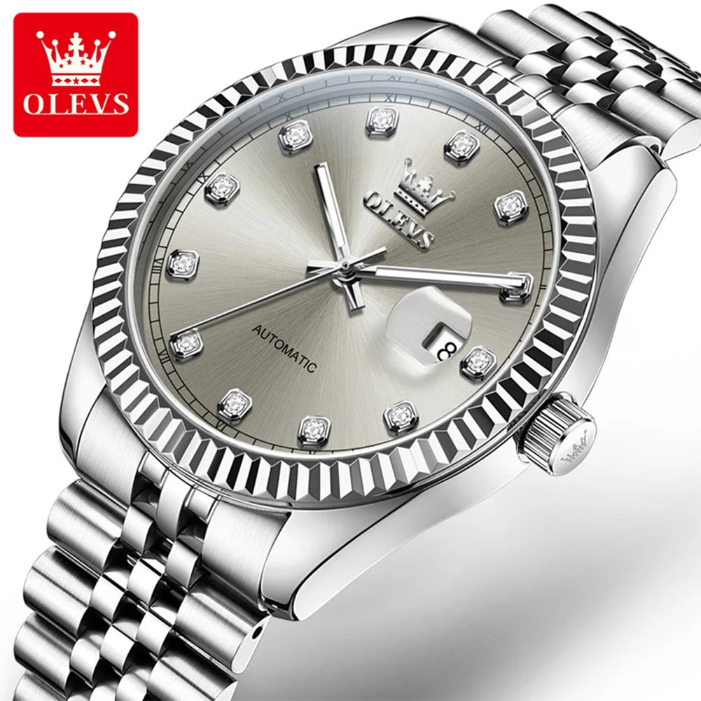 OLEVS New Automatic Watches Man Original Luxury Diamond Dial Stainless Steel Waterproof Auto Date Mechanical Watch for Men 6743