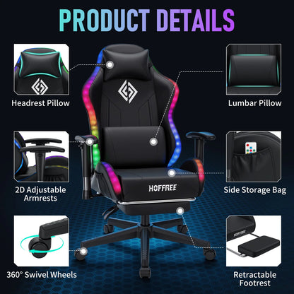 Cadeira Gaming LED para Crianças dos 8 aos 15 Anos, Cadeira Gamer Ajustável com Iluminação LED, Apoio para Pés e Suporte Lombar, Cadeira Ergonómica para PC