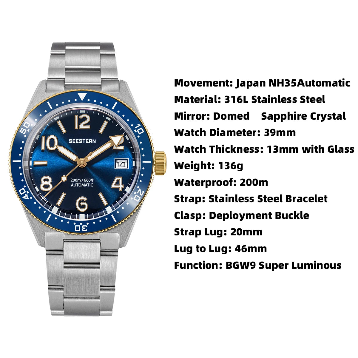 Sugess Diveing Watch of Men Automatic Mechanical Wristwatches 20ATM Waterproof Sapphire NH35A Movement BGW9 Luminous New S434-2