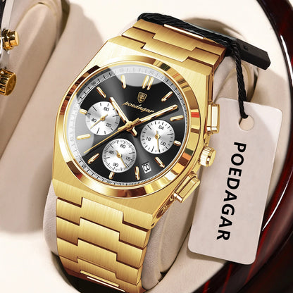 Pánské hodinky POEDAGAR – luxusní chronograf z nerezové oceli, s datem, vodotěsné a s luminiscenčními prvky – sportovní náramkové hodinky s quartzovým strojkem