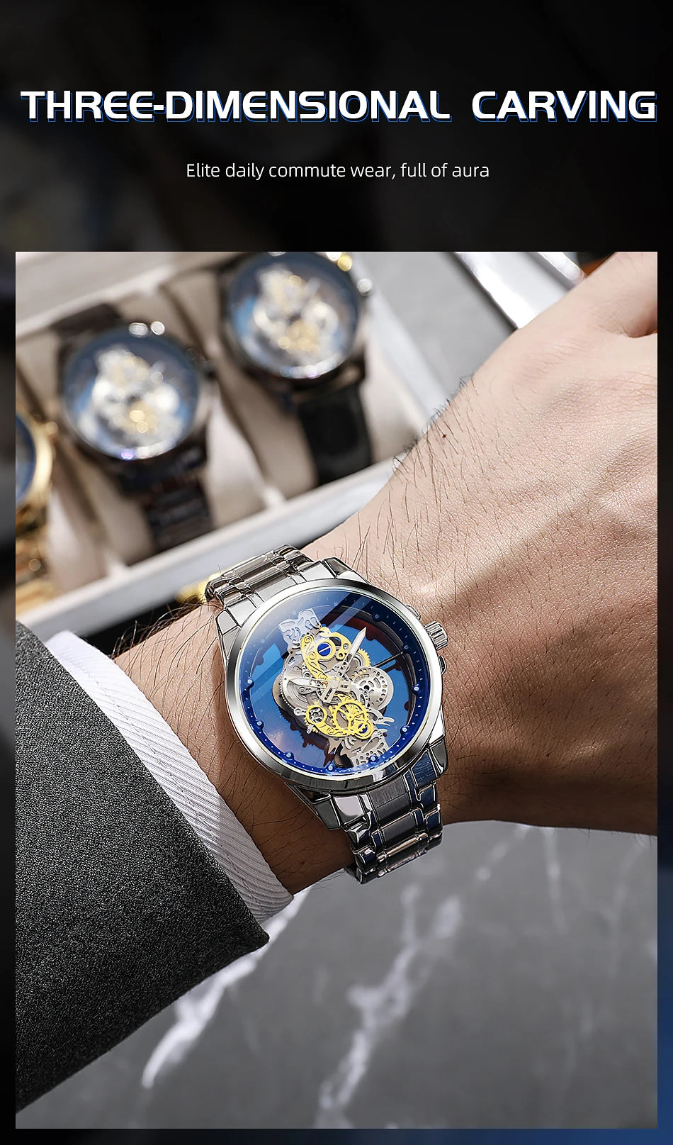 TPW Men’s Luxury Black & Gold Skeleton Quartz Watch Fashion Wristwatch