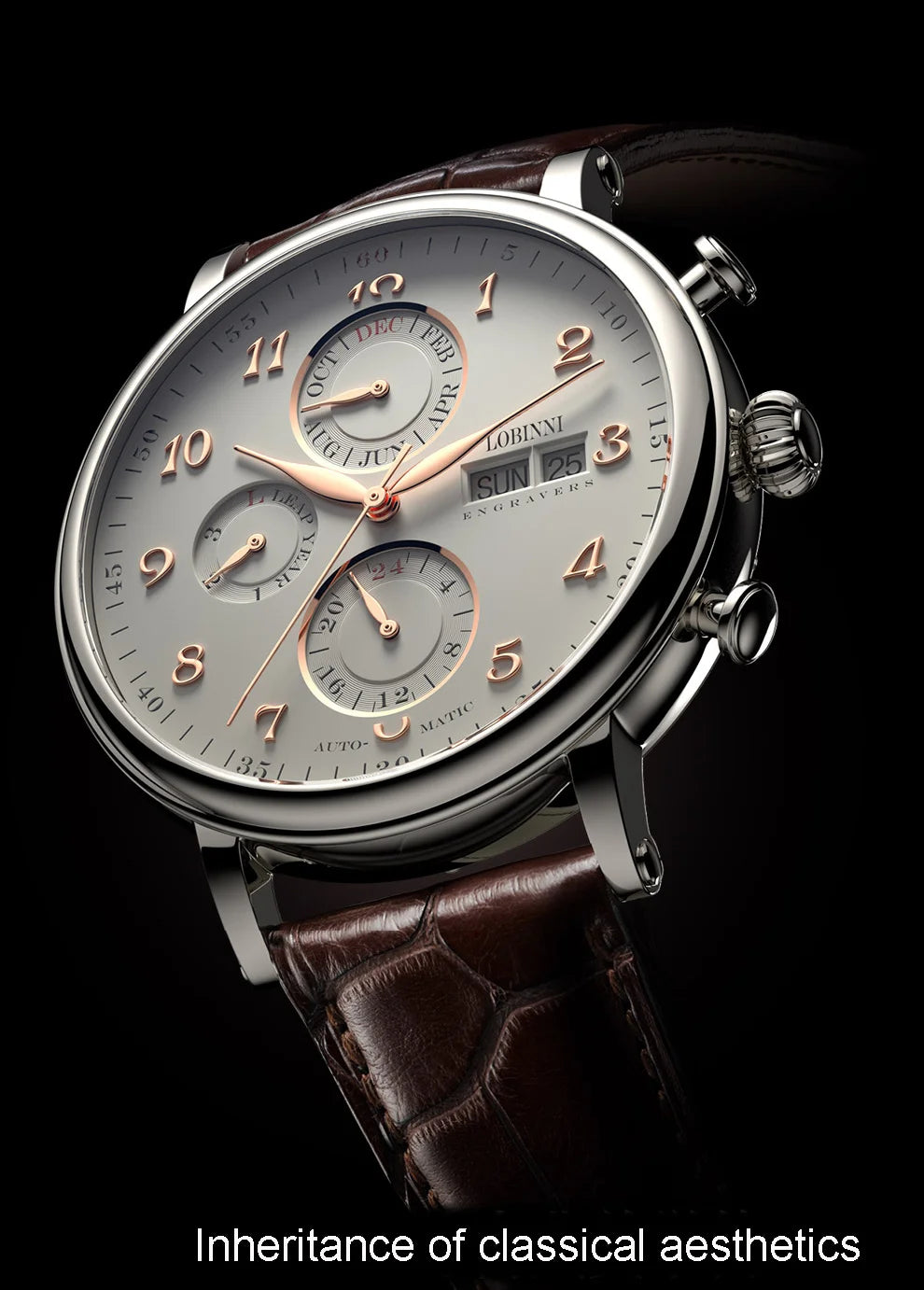 Reloj de lujo suizo LOBINNI para hombre, mecánico automático con calendario perpetuo, cristal de zafiro y multifunción L13019-8