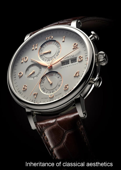 Reloj de lujo suizo LOBINNI para hombre, mecánico automático con calendario perpetuo, cristal de zafiro y multifunción L13019-8