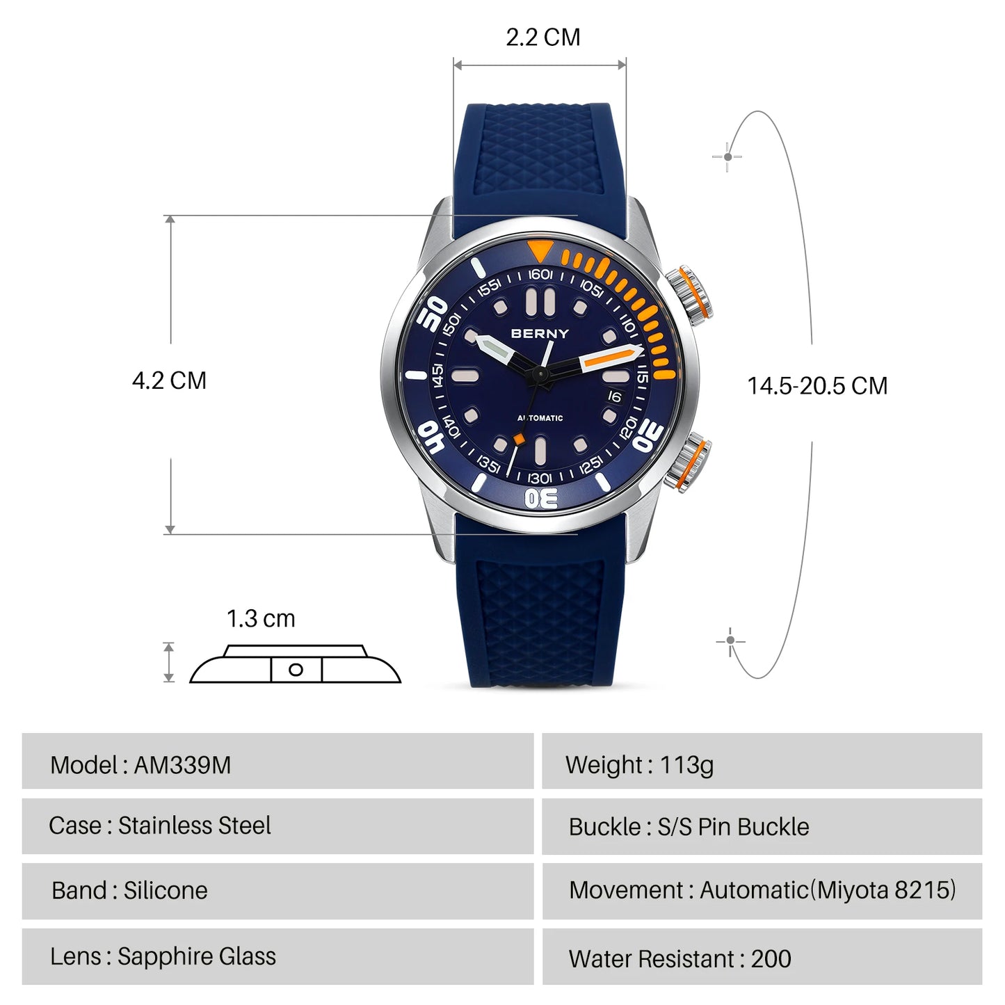 BERNY Automatic Professional Diving Watch for Men Super Luminous Scratch-resistant Sapphire Lens Top Mechanical Diver Watches