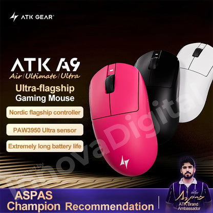 ATK Dragonfly A9 Ultimate vezeték nélküli gaming egér A9 Air PAW3950, ultrakönnyű ergonomikus e-sport gamer FPS egér CSGO-hoz A9 Ultra