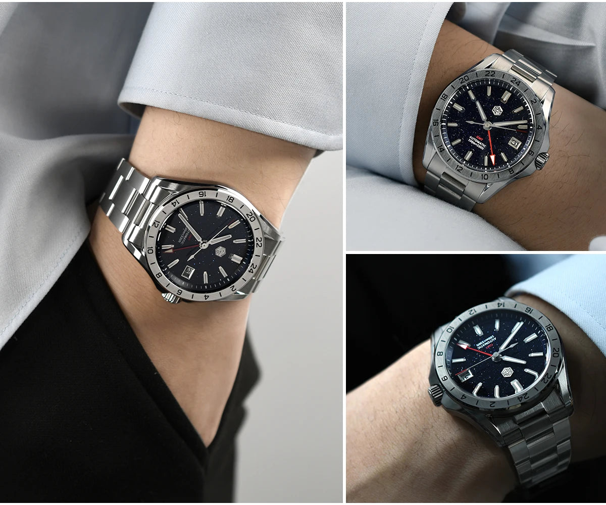 Reloj de lujo para hombre San Martin 39mm con esfera de aventurina, NH34 GMT automático mecánico, zafiro, resistente al agua, luminoso, SN0129